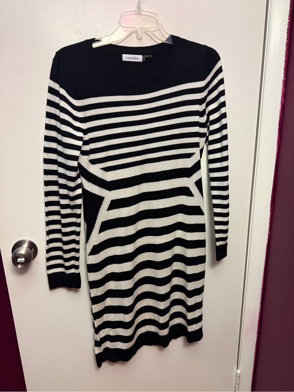 Calvin Klein Black & White Striped Long Sleeve Knit Dress